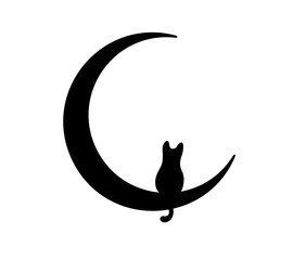 Wall Mural - vector isolated one single black cat sitting on the crescent moon colorless black and white outline 
