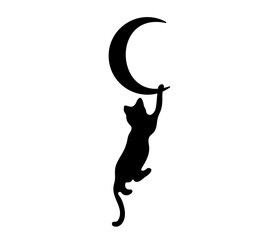 Wall Mural - vector isolated one single black cat hanging on the crescent moon colorless black and white outline 
