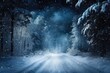 Dark Snowy Forest Road. Winter Landscape with Cold Blue Tones and Frosty Conceptual Background