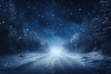 Dark Snowy Forest Winter Landscape With Road Leading Ahead: A Conceptual Drive Through The Frosty Blue Background