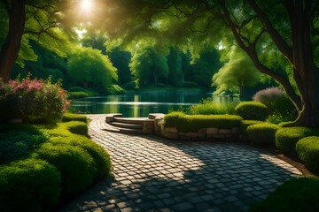 Wall Mural - Beautiful colorful summer spring natural landscape with a lake in Park surrounded by green foliage of trees in sunlight and stone path in foreground generated by AI