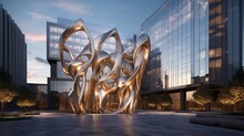 A Contemporary, Upscale Office Complex, Its Exterior Adorned With Artistic Metalwork And Abstract Sculptures That Make It A Standout In The Cityscape