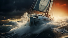 Dramatic Photo Of An Ultra-modern Ocean Yacht Through The Waves In A Storm On A Raging Ocean