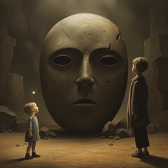 3d render of a person in a mask with two children looking at him. Generative AI