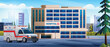 Public hospital building with ambulance car. Medical concept design background landscape illustration