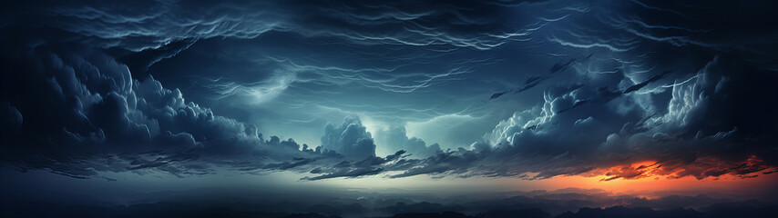 Wall Mural - A sunset over a sea with beautiful dark and mysterious clouds in a banner background