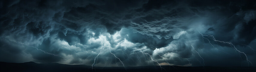 Wall Mural - dark mysterious and stormy looking clouds with lightning striking out of them in the beautiful night sky over the landscape, banner background