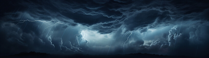 Wall Mural - dark mysterious looking clouds in the beautiful rainy night sky over a forest, banner background