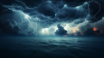 Wall Mural - lighting striking in the beautiful rainy night sky over the ocean looking mysterious, background