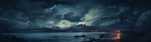 Beautiful, Mysterious Looking Dark Rainy Clouds, Over The Sea, Ocean Background Banner