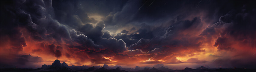 Wall Mural - A sunset over a sea with beautiful dark and mysterious clouds in a banner background	