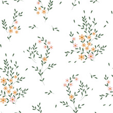Seamless Pattern, Small Flowers And Scattered Leaves. Floral Rustic Background, Print, Textile, Wallpaper, Vector