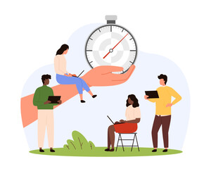 Time management vector illustration. Cartoon human hand holding stopwatch with arrow among working tiny people with laptop and tablet, business timing, self organization and day planning of employees