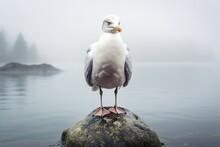 seagull sitting on rocks at sea shore on a gloomy cloudy day