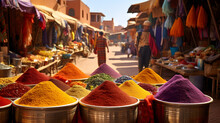 Colorful Street Vendors Selling Spices And Textiles In A Moroccan Souk.