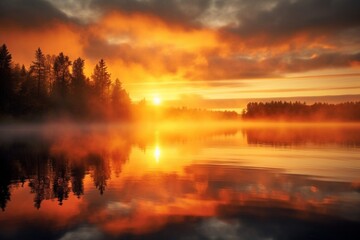 Wall Mural - A vibrant sunrise over a serene lake with mist rising from the water, casting reflections of golden hues.