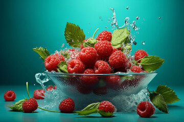 Wall Mural - 
Fresh ripe raspberries, green leaves and flowers flying in the air isolated on turquoise background. Concept of food levitation, high resolution image