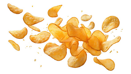 Flying potato chips, isolated on white background, png	