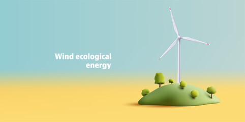 Wind mill, wind turbine, wind power station in hills with trees landscape. Renewable wind energy, green and alternative eco energy concept. 3d vector icon.