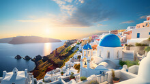 Sunset Over The Iconic Santorini Caldera With White Buildings And Blue Domes.