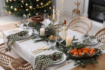 Poster - Christmas table setting with festive decor and dishware in room