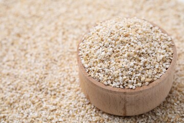 Wooden bowl on raw barley groats, closeup. Space for text