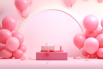 Wall Mural - Abstract pink background with flying pink balloons, copy space Valentine's Day 