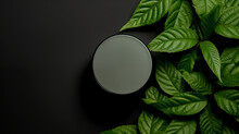 Jar With Cosmetic Product On Dark Green Background Made Of Green Leaves Mockup