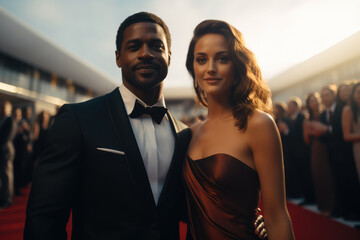 Wall Mural - A diverse ethnic business couple on the red carpet at a gala film.