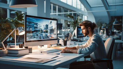 Fototapete - Graphic designer working in a white modern office flooded with light.