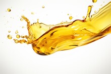 Realistic Oil Or Juice Liquid Splash, Beverage Swirl With Transparent Wave Flow. Golden Oil, Honey Or Sugar Syrup Wave Spill With Drops Splatter In Splash For Sweet Candy Flow