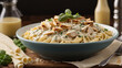 Homestyle Chicken Alfredo, Creamy Alfredo Sauce with Grilled Chicken over Al Dente Pasta, Finished with Freshly Grated Parmesan.