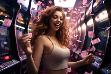 pretty girl dancing with rain money while win slot machine in tunnel.