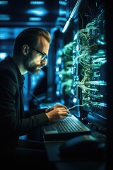 Poster - IT professional admin using laptop computer doing data transfer operation with rack server cabinets in digital room of data center, Cyber security.