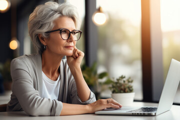Aufkleber - Confident mature businesswoman dreamy looking at window, middle-aged experienced senior female professional working on laptop in open space office.