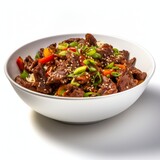 Fototapeta  - Delicious Chinese Szechuan Beef in a White Bowl AI Generated