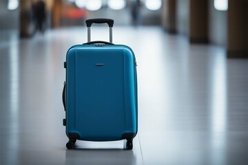 A large blue suitcase on wheels stands on the floor of a train station, airport. Travel luggage. Vacation, travel concept.