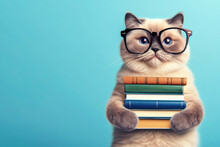 Funny Smiling Cat School With Glasses Hold Books On Blue Background. Ai Generative