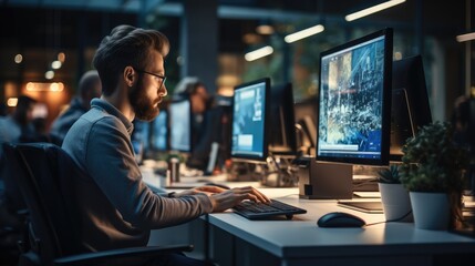 Poster - Male front end developer coding working at desktop computer.