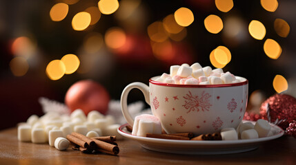 Wall Mural - A cup with hot chocolate with marshmallows in front of ornaments.