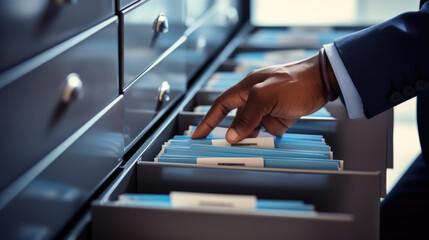 Sticker - Close-up of a person in a business suit searching through open file drawers full of documents.