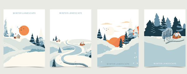 Wall Mural - winter landscape background with mountain,tree.editable vector illustration for postcard,a4 vertical