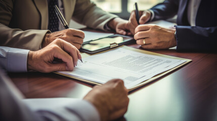 Sticker - Close-up view of hands signing a document, with multiple individuals engaged in a business meeting around a table.