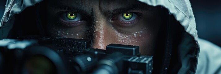 Wall Mural - Close up of a sniper in a hood. Generative AI.