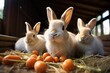 Group of rabbits feasting on carrots in a barn. Generative AI.