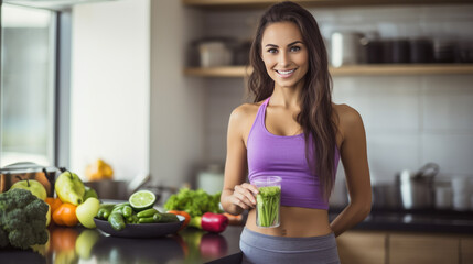 Sticker - Smiling woman in a modern kitchen making smoothie, with fresh ingredients on the countertop.