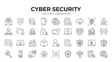 Cyber Security Editable Stroke Outline Icons Set. Data Protection, Spam, Secure, Security, Antivirus, Password, Privacy, Padlock And Hacker. Vector Illustration. 