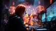 focused hacker: young woman with red hair in cyber world