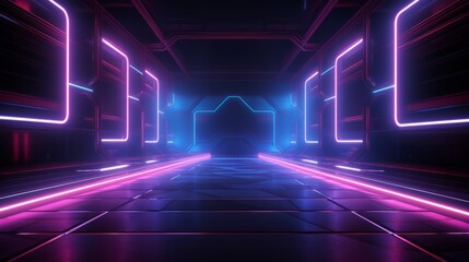 Poster - futuristic neon light 3d technology abstract: cyber vr scene with dark night, virtual reality, and s