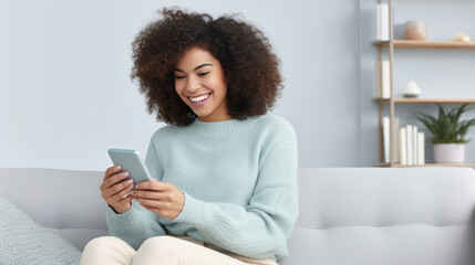 Canvas Print - Smiling woman sits on the couch at home and stares into her smartphone